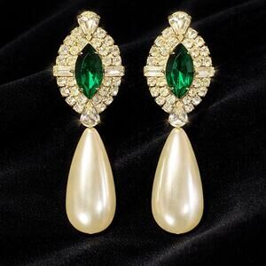 Vintage Rhinestone Emerald Green Pearl Drop Earrings Gold Tone Glam